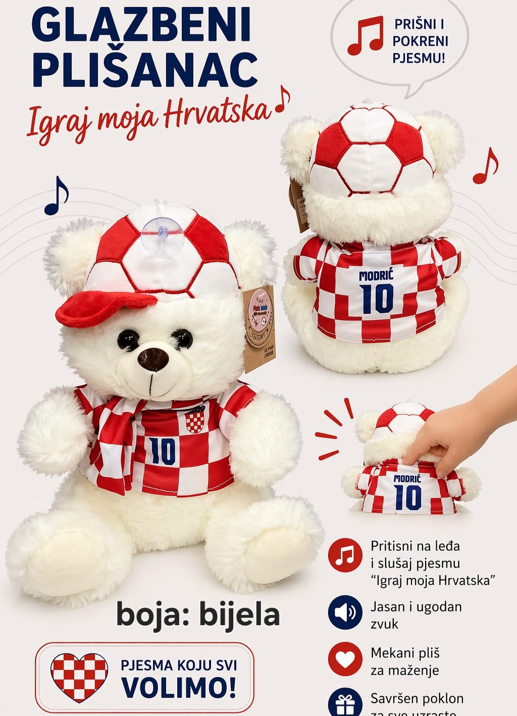 Glazbeni plišanci – medvjedići, panda i psić “Igraj moja Hrvatska” (20–33 cm)