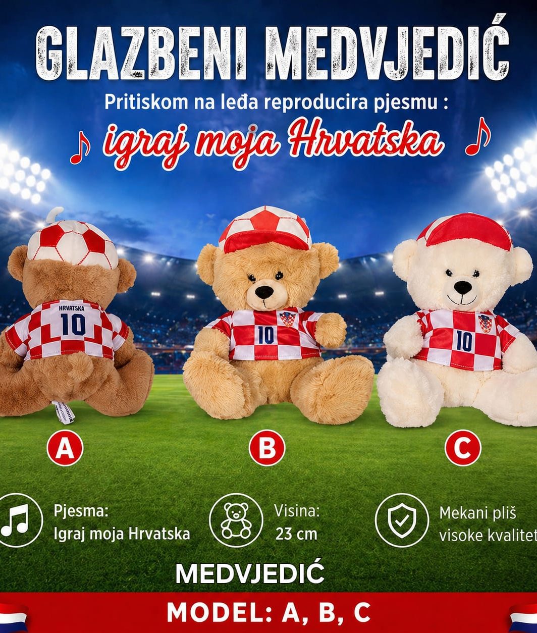 Glazbeni plišani medvjedić – “Igraj moja Hrvatska” (24 cm) – modeli A, B, C