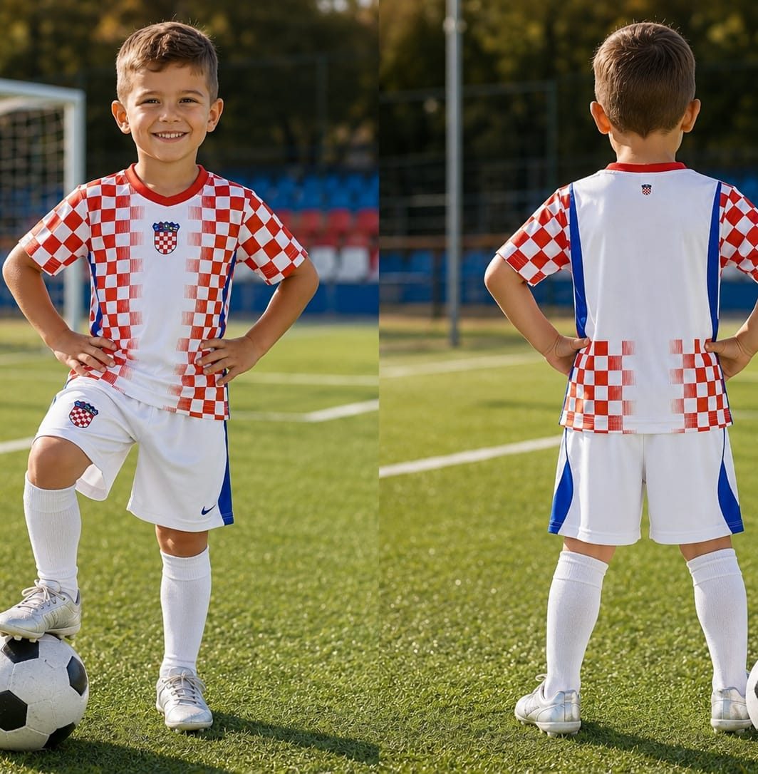 Dječji nogometni dres Hrvatska 2026 – Bijeli model bez natpisa (komplet)