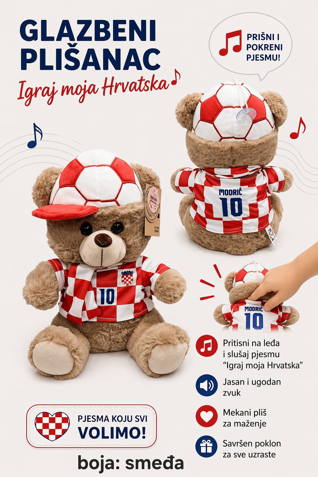 Glazbeni plišanci – medvjedići, panda i psić “Igraj moja Hrvatska” (20–33 cm) – Navijački rekviziti – fotografija 4