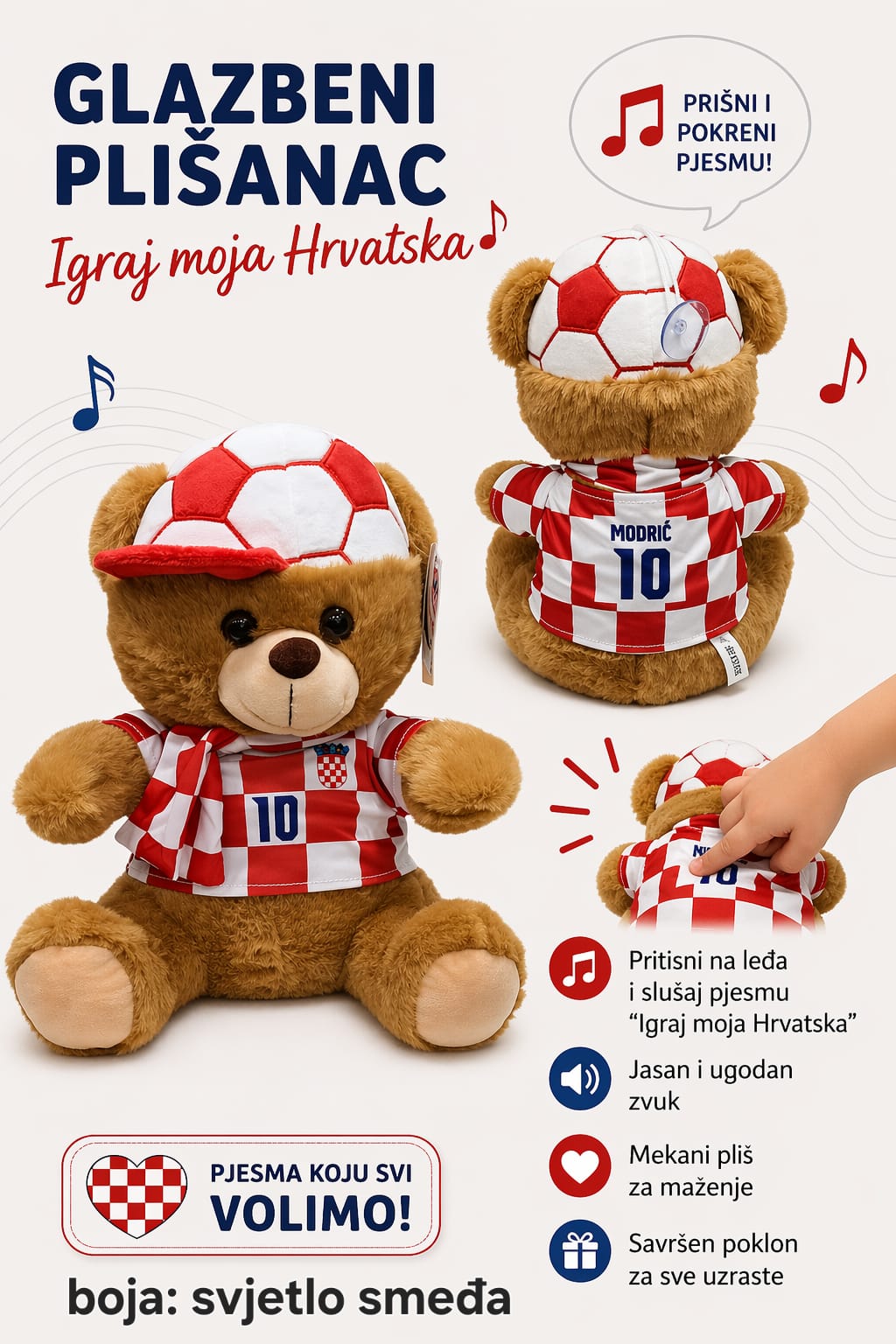 Glazbeni plišanci – medvjedići, panda i psić “Igraj moja Hrvatska” (20–33 cm) – Navijački rekviziti – fotografija 3
