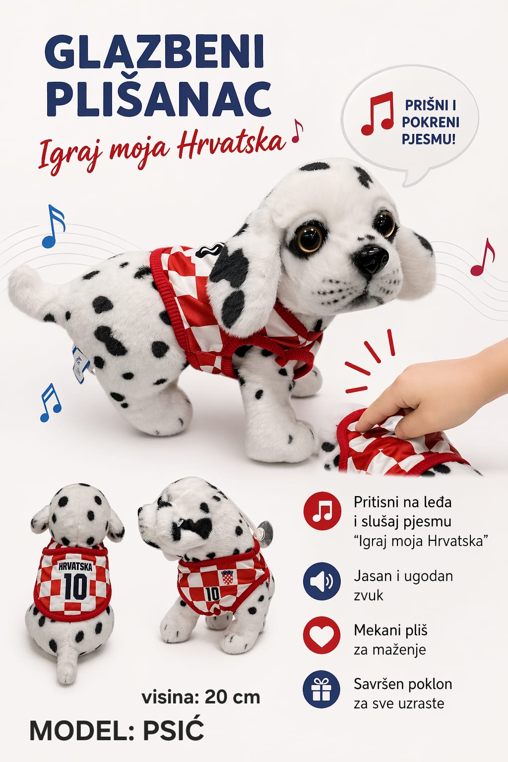 Glazbeni plišanci – medvjedići, panda i psić “Igraj moja Hrvatska” (20–33 cm) – Navijački rekviziti – fotografija 5