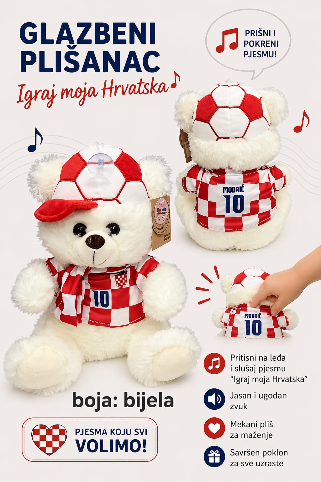 Glazbeni plišanci – medvjedići, panda i psić “Igraj moja Hrvatska” (20–33 cm) – Navijački rekviziti