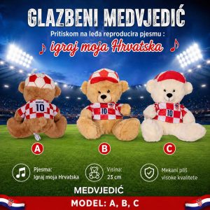 Glazbeni plišani medvjedić – “Igraj moja Hrvatska” (24 cm) – modeli A, B, C – Navijački rekviziti