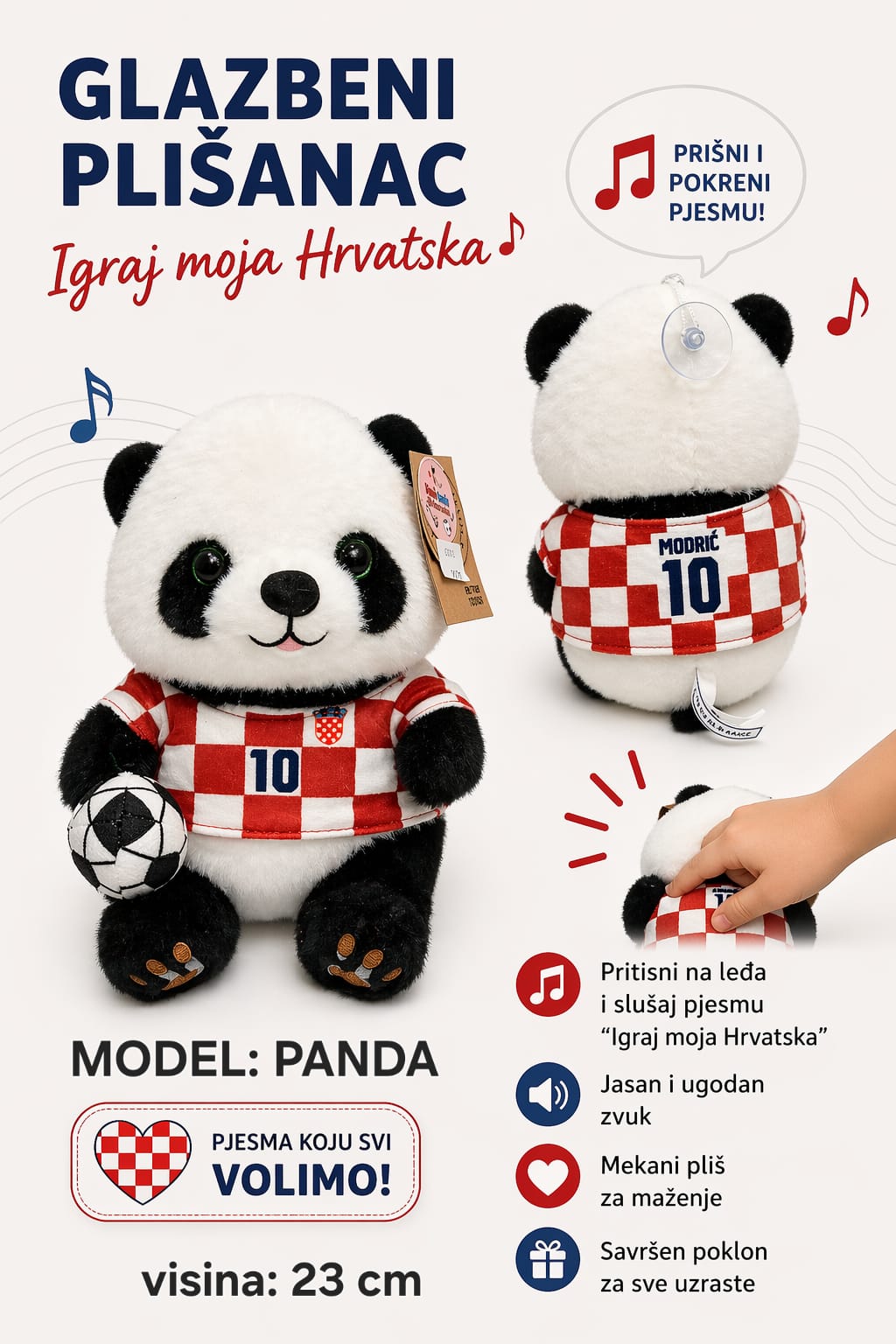 Glazbeni plišanci – medvjedići, panda i psić “Igraj moja Hrvatska” (20–33 cm) – Navijački rekviziti – fotografija 2