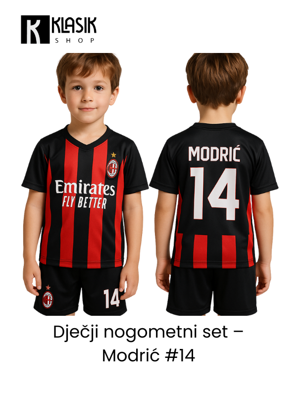 Dječji nogometni set Modrić #14 – crveno-crni – Nogometni dresovi