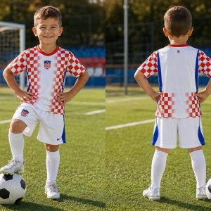 Dječji nogometni dres Hrvatska 2026 – Bijeli model bez natpisa (komplet) – Nogometni dresovi