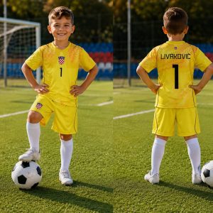 Dječji nogometni komplet Livaković 2026 – Žuti golmanski dres – Nogometni dresovi