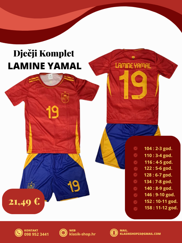 Dječji dres komplet Lamine Yamal 19 – Španjolska – Navijački rekviziti